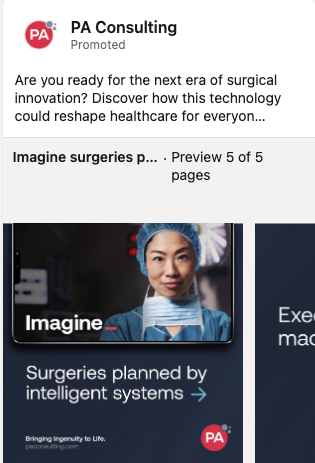PA Consulting sponsored LinkedIn ad about surgical innovation