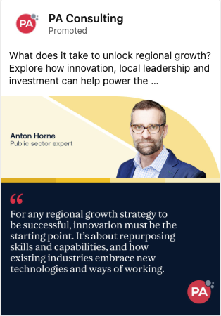 PA Consulting sponsored LinkedIn ad about regional growth with a public sector expert